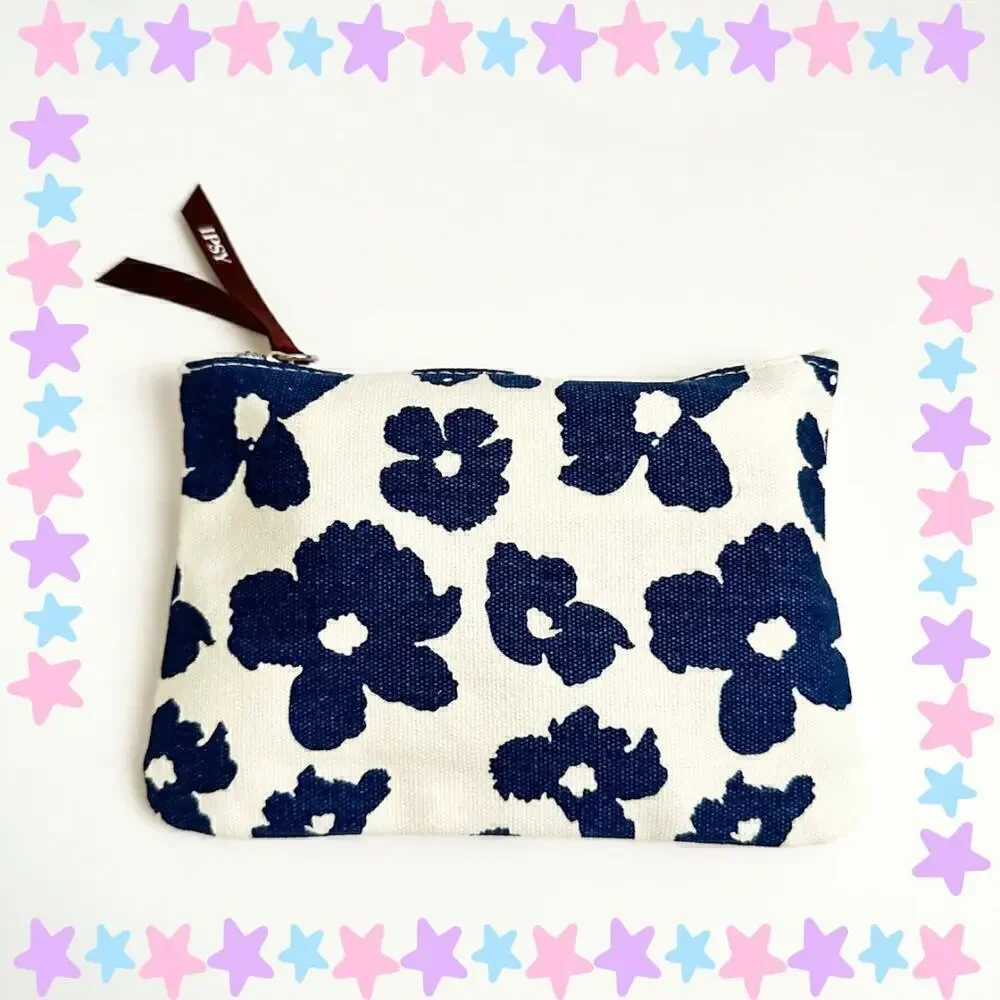 White and Blue Floral Cosmetics Makeup Bag